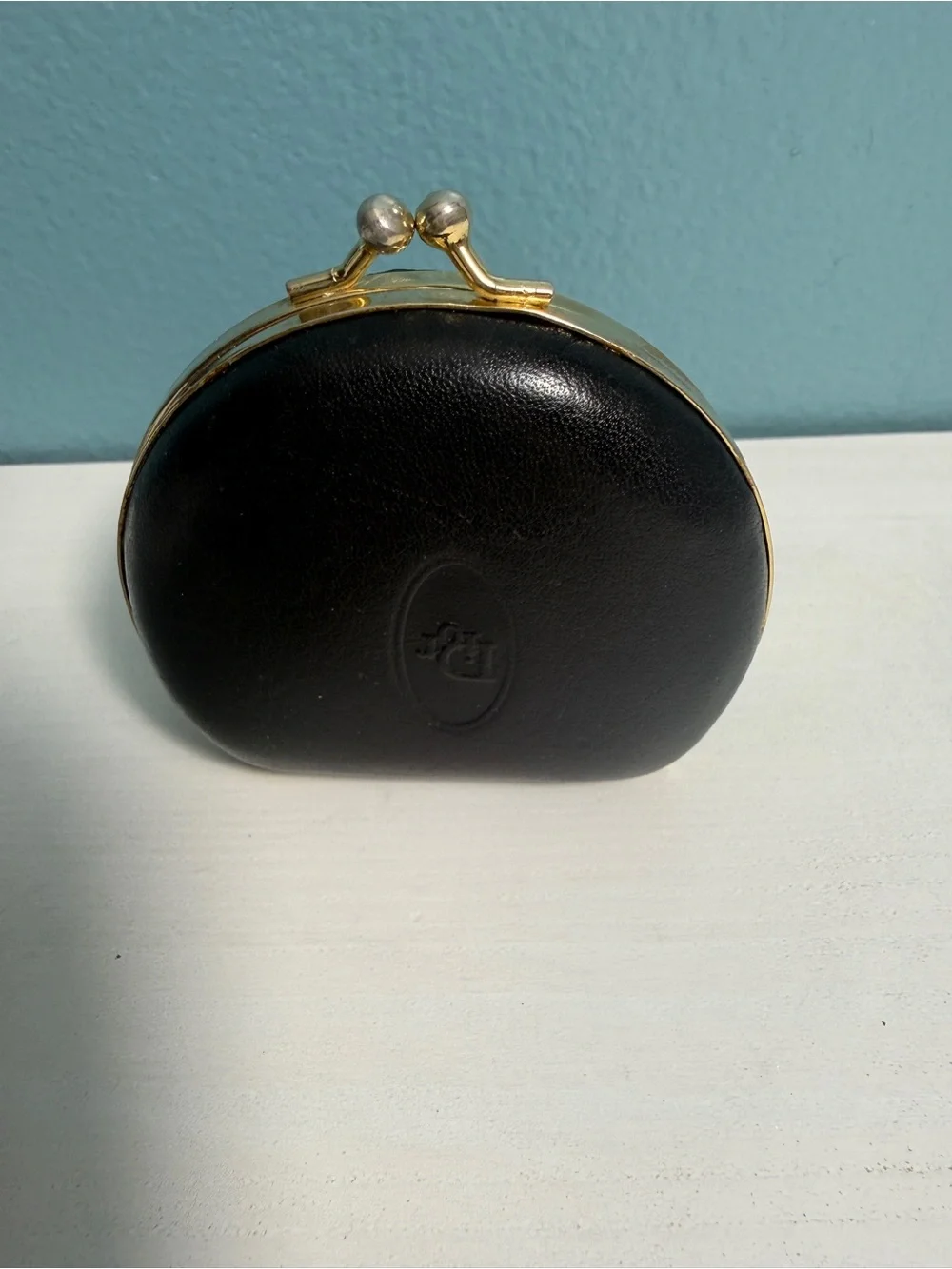 Vintage Christian Dior Black Leather Kiss-Lock Coin Purse Pouch Gold-Tone Logo